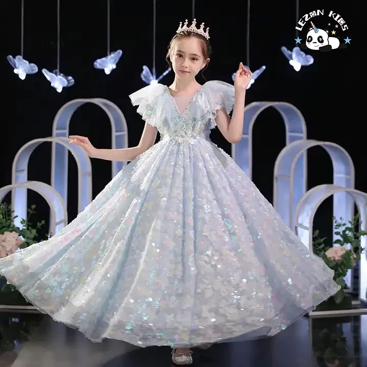 LEZONKIDS - 2022 New Little Girl Show Poncho Evening Dress for Children Spring Summer Evening Dress for Children Blue